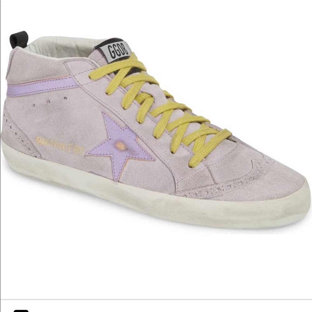 Golden Goose Lilac Suede Mid-Top Sneaker with Yellow Laces